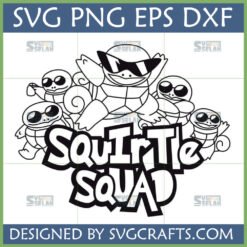 Squirtle Squad SVG PNG DXF digital design featuring five Squirtle Pokémon with the leader wearing sunglasses, ideal for Cricut and Silhouette projects.