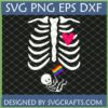 Cute LGBTQ+ Baby Skeleton SVG design with rainbow flag and pink heart in rib cage for Cricut and Silhouette crafts