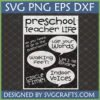 Preschool Teacher Life SVG design with funny classroom sayings in speech bubbles