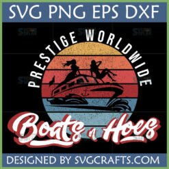 Boats n Hoes SVG design with Prestige Worldwide text, retro sunset background, and boat with female silhouettes.