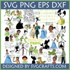 A comprehensive Princess and the Frog SVG bundle featuring Tiana, Prince Naveen, Louis, Ray, and Dr. Facilier digital cut files for Cricut and Silhouette.