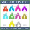 Collection of 9 different colored Princess Castle SVG silhouettes with integrated Disney Princesses for Cricut and Silhouette crafting