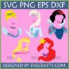 Five Disney Princess silhouettes (Cinderella, Elsa, Snow White, Aurora, Ariel) in SVG, PNG, EPS, DXF formats by SVGCrafts