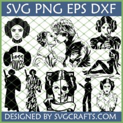 Princess Leia SVG Bundle with various Star Wars designs, including Leia's face, Han and Leia kissing, Boss Princess, and Leia skull art.