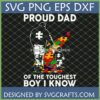 Proud Dad Autism SVG PNG DXF EPS for Cricut featuring a father and son silhouette with colorful puzzle pieces and text 'PROUD DAD OF THE TOUGHEST BOY I KNOW'