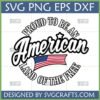Proud to be an American Land of the Free SVG design with a waving American flag and a star, in black script font and bold outline, optimized for Cricut and sublimation.