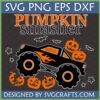 A black monster truck with orange flames smashing pumpkins, titled 'Pumpkin Smasher,' available as SVG, PNG, EPS, DXF files from SVGcrafts.