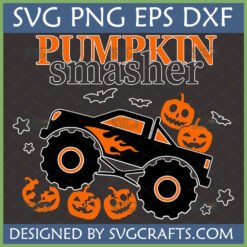 A black monster truck with orange flames smashing pumpkins, titled 'Pumpkin Smasher,' available as SVG, PNG, EPS, DXF files from SVGcrafts.