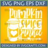 White 'Pumpkin Spice Junkie' text with coffee cup illustration on orange background, highlighting SVG PNG EPS DXF file types from SVGCrafts.