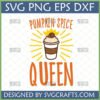 Pumpkin Spice Queen SVG design with a crowned coffee cup and radiant lines, ideal for fall crafting and coffee lovers.