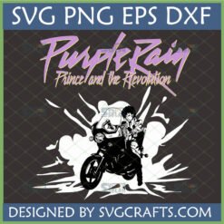 Prince Purple Rain SVG featuring Prince on a motorcycle with 'Purple Rain Prince and the Revolution' text, designed for Cricut and Silhouette.