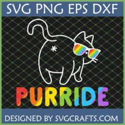 White outline drawing of a Purride Cat SVG wearing rainbow sunglasses with 'PURRIDE' in colorful letters below it.