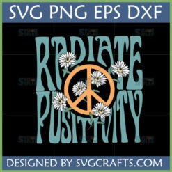 Groovy Radiate Positivity SVG design with orange peace sign and white daisies on black background, for crafting