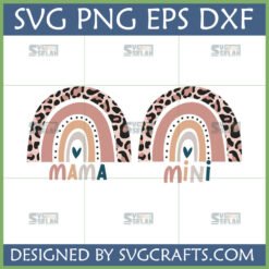 Mama Mini Leopard Rainbow SVG design for matching mother and child outfits with boho pastel colors and animal print