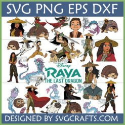 Raya and the Last Dragon SVG PNG DXF EPS Bundle featuring Raya, Sisu, Tuk Tuk, Boun, Tong, and Noi characters for Cricut and sublimation crafts.