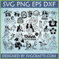 Raya and the Last Dragon SVG Bundle featuring Raya, Sisu, Tuk Tuk, Boun, and other characters in black outline for Cricut crafting.
