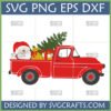 Vintage red Christmas truck SVG with Christmas tree, Santa Claus, and gifts in the truck bed