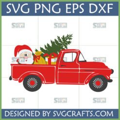 Vintage red Christmas truck SVG with Christmas tree, Santa Claus, and gifts in the truck bed