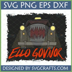 Ello Gov'nor Car SVG design featuring a vintage spooky car with sharp teeth on the grille, in a cartoon style, perfect for Halloween or British themed crafts.