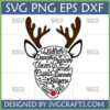Santa's Reindeer Names SVG with Rudolph's red nose, a festive Christmas digital design for Cricut.