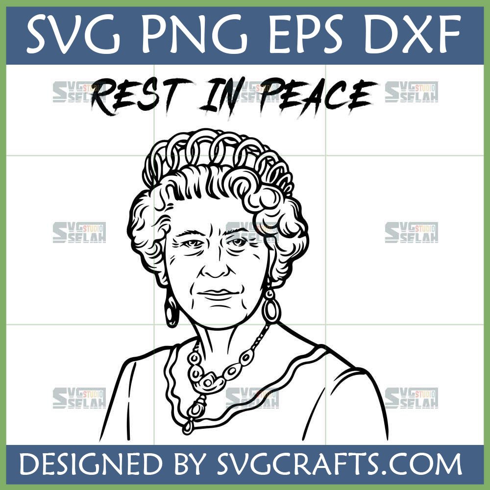Line art portrait of Queen Elizabeth II with 'REST IN PEACE' text, Queen Elizabeth II Rest in Peace SVG file.