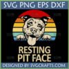 Smiling Pitbull with tongue out, peeking over grass with a retro striped sunset background, text 'Resting Pit Face SVG PNG EPS DXF'
