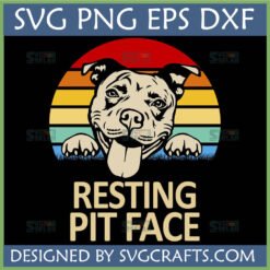 Smiling Pitbull with tongue out, peeking over grass with a retro striped sunset background, text 'Resting Pit Face SVG PNG EPS DXF'