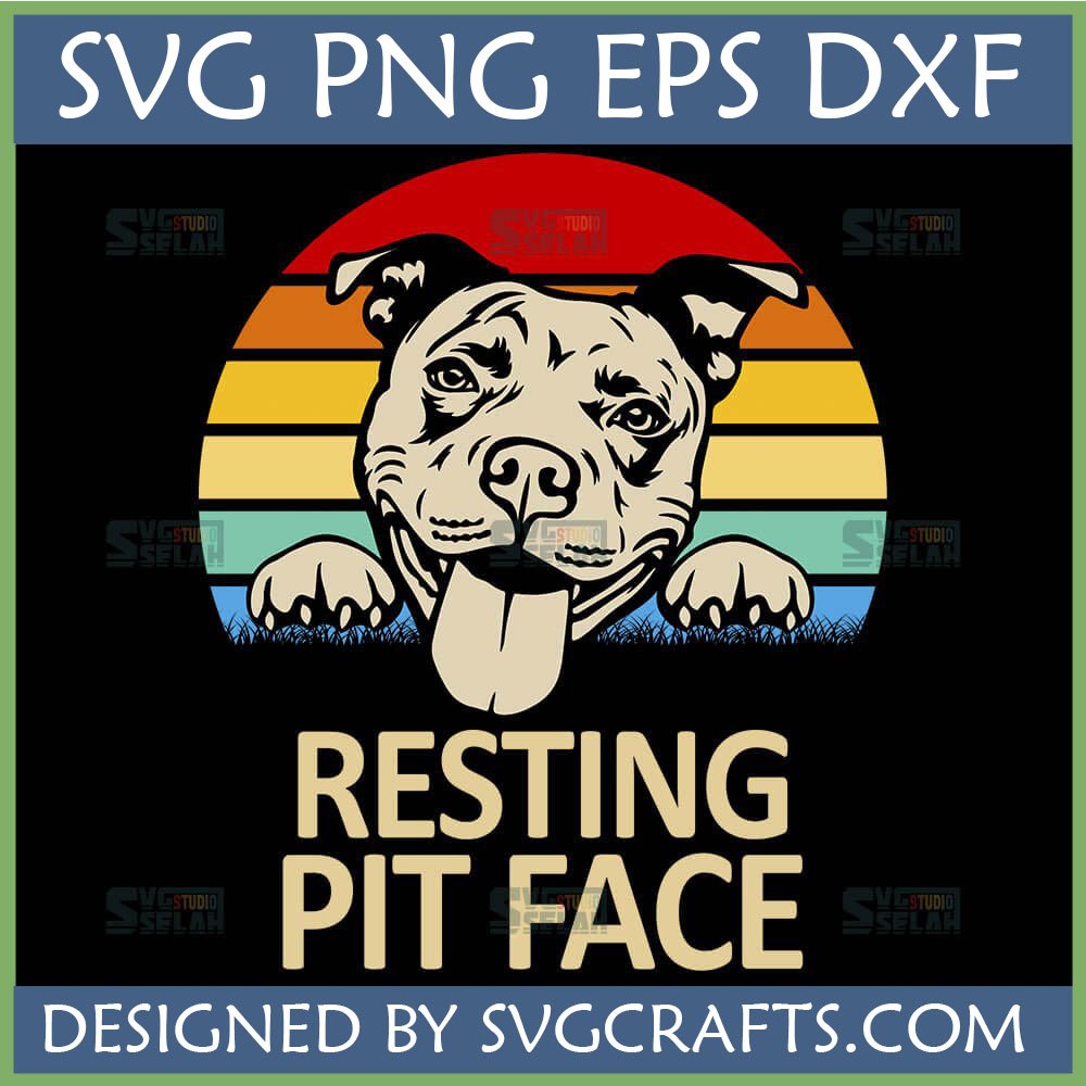 Smiling Pitbull with tongue out, peeking over grass with a retro striped sunset background, text 'Resting Pit Face SVG PNG EPS DXF'