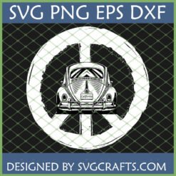 Vintage VW Beetle car with California license plate inside a distressed peace sign, digital file for crafting.