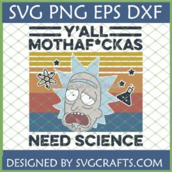 Rick and Morty Need Science SVG with screaming Rick Sanchez and retro sunset background