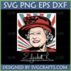 Vibrant Pop Art portrait of Queen Elizabeth II in a red hat with 'Elizabeth R' signature, perfect as an SVG for Cricut.