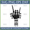 Black skeleton hand making rock on gesture fused with guitar headstock and tuning pegs, Rock Hand Guitar SVG