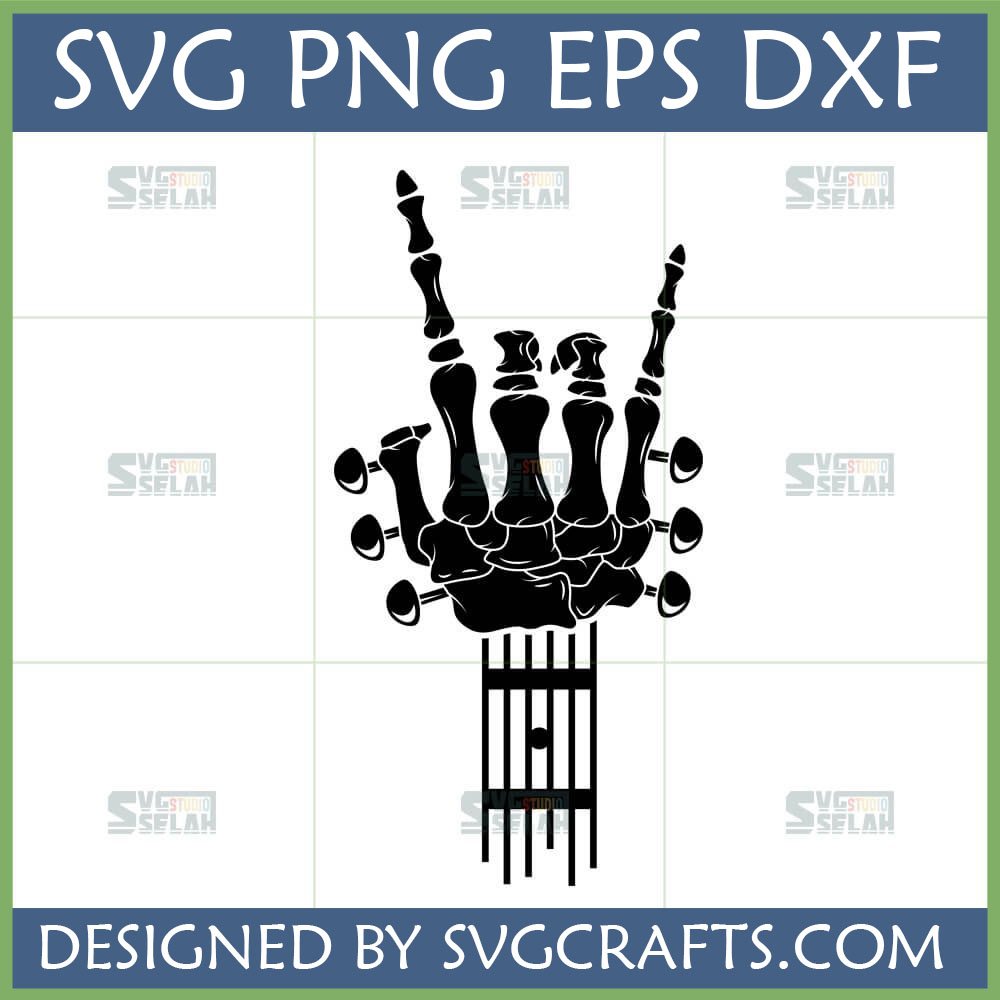 Black skeleton hand making rock on gesture fused with guitar headstock and tuning pegs, Rock Hand Guitar SVG