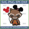 Cute Chibi Rocket Raccoon wearing Mickey Mouse ears and holding a Mickey balloon, in SVG PNG DXF formats for Cricut crafting.