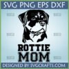 Rottie Mom SVG featuring a black Rottweiler silhouette and collegiate 'MOM' text, ideal for Cricut and Rottweiler Mom gifts.