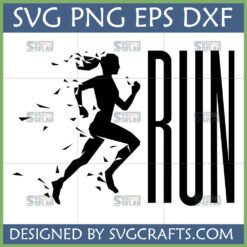 Dynamic Running Girl SVG, geometric runner silhouette with 'RUN' text, ideal for Cricut and sublimation