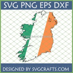Ireland Flag Map SVG design for Cricut and St. Patrick's Day crafts, showing the outline of Ireland filled with green, white, and orange flag colors.