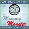 Mommy Monster SVG design featuring a Sally-inspired character face with stitched details and red lips, alongside the text 'Mommy Monster'.