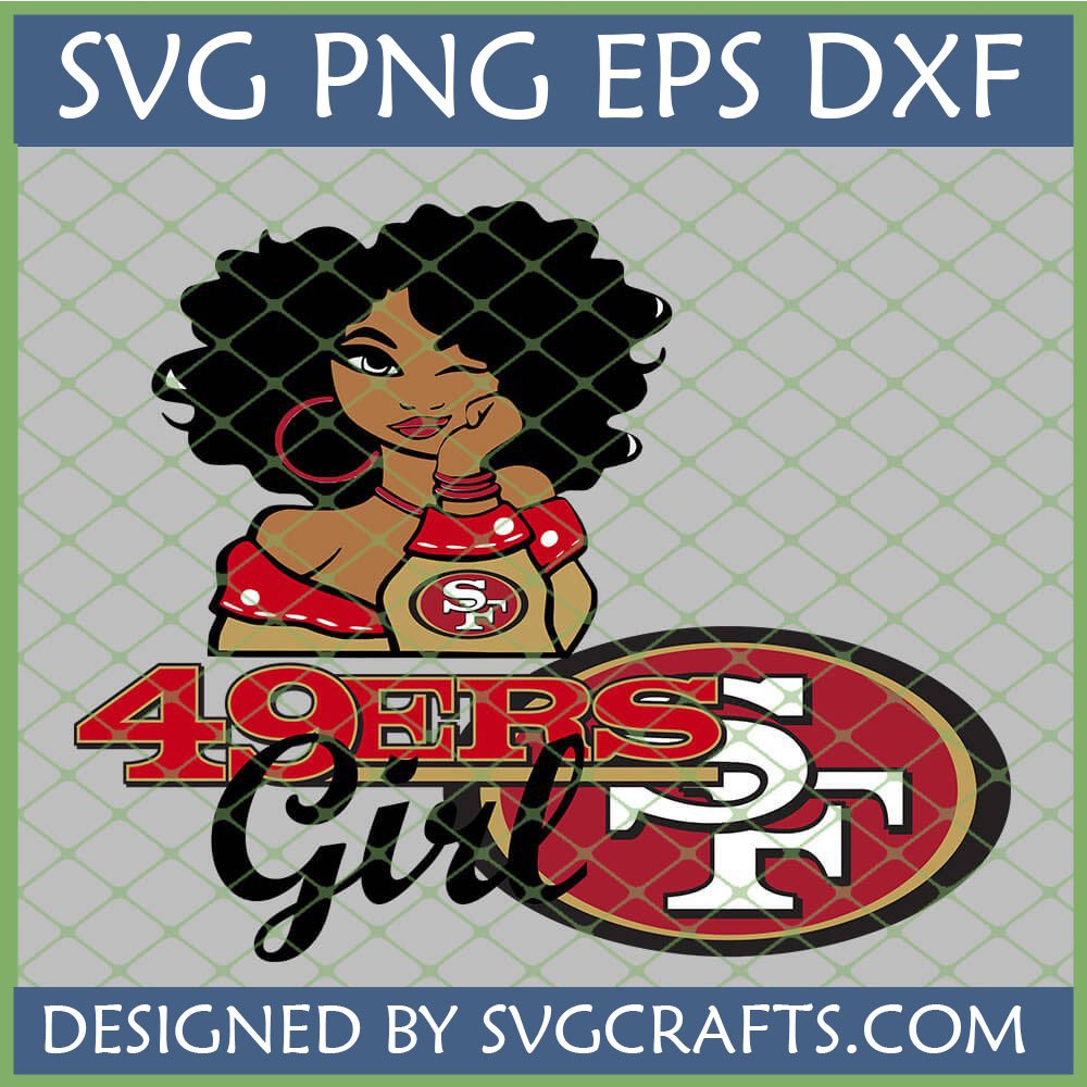 Cute San Francisco 49ers Girl SVG design featuring a winking Black woman with an afro and the team logo, perfect for Cricut crafts.