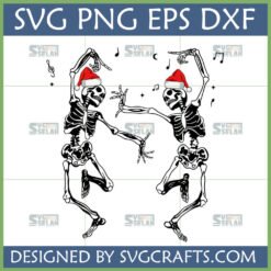Two funny dancing skeletons wearing Santa hats with musical notes, a festive and spooky cute Christmas SVG design from SVGCrafts.