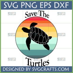 Save The Turtles SVG with retro sunset and sea turtle silhouette for ocean conservation