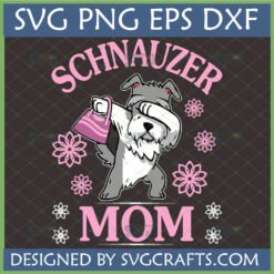 Dabbing Schnauzer Mom SVG design with a cartoon Schnauzer dabbing and holding a pink handbag, surrounded by pink flowers.