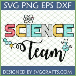 Colorful Retro Science Team SVG design with atom, beaker, and chemical molecule for teachers and students