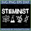 Distressed Steminist SVG design with atom, beaker, microscope, and DNA icons for women in STEM