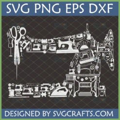 Intricate Sewing Machine SVG design made from various sewing tools like scissors, thread, and thimbles, displayed in white on a dark background with 'SVG PNG EPS DXF' text.