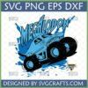 Megalodon Monster Truck SVG design with shark jaws and blue splashes for Cricut and Monster Jam fans