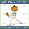 Halloween Volleyball Skeleton SVG design featuring a jack-o'-lantern headed skeleton playing volleyball.
