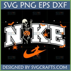 Funny Halloween Nike SVG with skeleton holding pumpkin and witch flying on swoosh