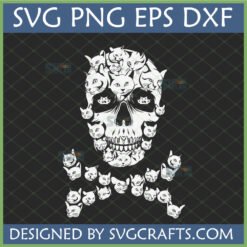 Spooky Cute Cat Skull SVG design made of multiple white cats on a dark background.