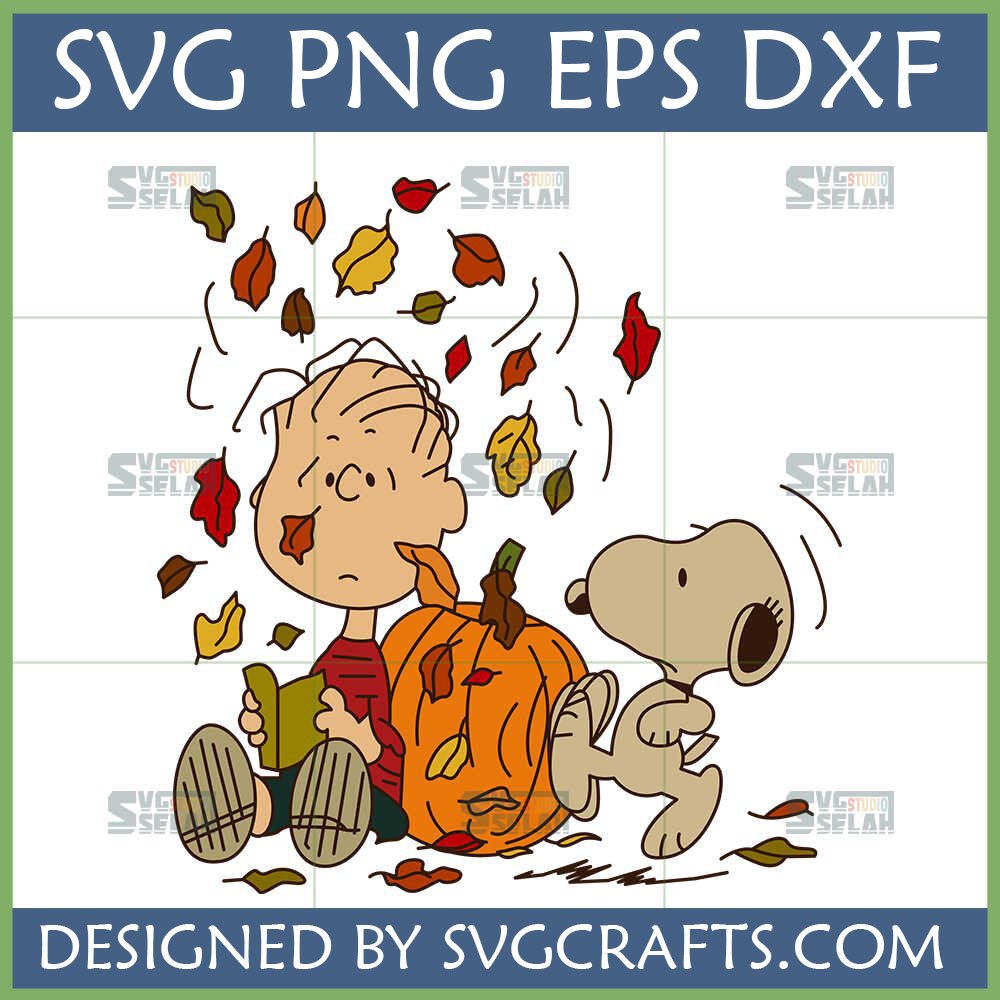 Charlie Brown and Snoopy Fall SVG with pumpkin and falling leaves, designed by SVGCrafts